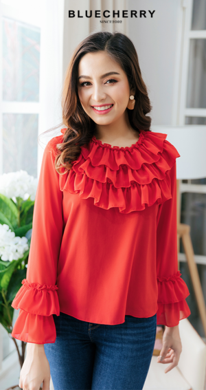 (ภาษาไทย) เสื้อชีฟองเนื้อทราย มีซับใน ระบายหน้า3ชั้น สีแดงสด เสื้อสาวอวบ เสื้อสาวอ้วน  BLUECHERRY SHOP