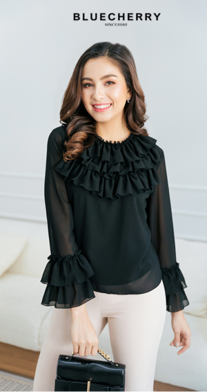 (ภาษาไทย) เสื้อชีฟองเนื้อทราย มีซับใน ระบายหน้า3ชั้น สีดำผ้าพื้น เสื้อสาวอวบ เสื้อสาวอ้วน  BLUECHERRY SHOP