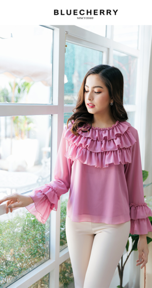 (ภาษาไทย) เสื้อชีฟองเนื้อทราย มีซับใน ระบายหน้า3ชั้น สีชมพูกลีบบัว เสื้อสาวอวบ เสื้อสาวอ้วน  BLUECHERRY SHOP